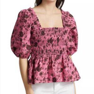 GANNI Pink Floral-Print Smocked Poplin Top w/ Puff Sleeve Size 10